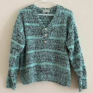 Y2K Vintage Shenanigans Chunky Knit Acrylic Button Turquoise Blue Sweater Medium